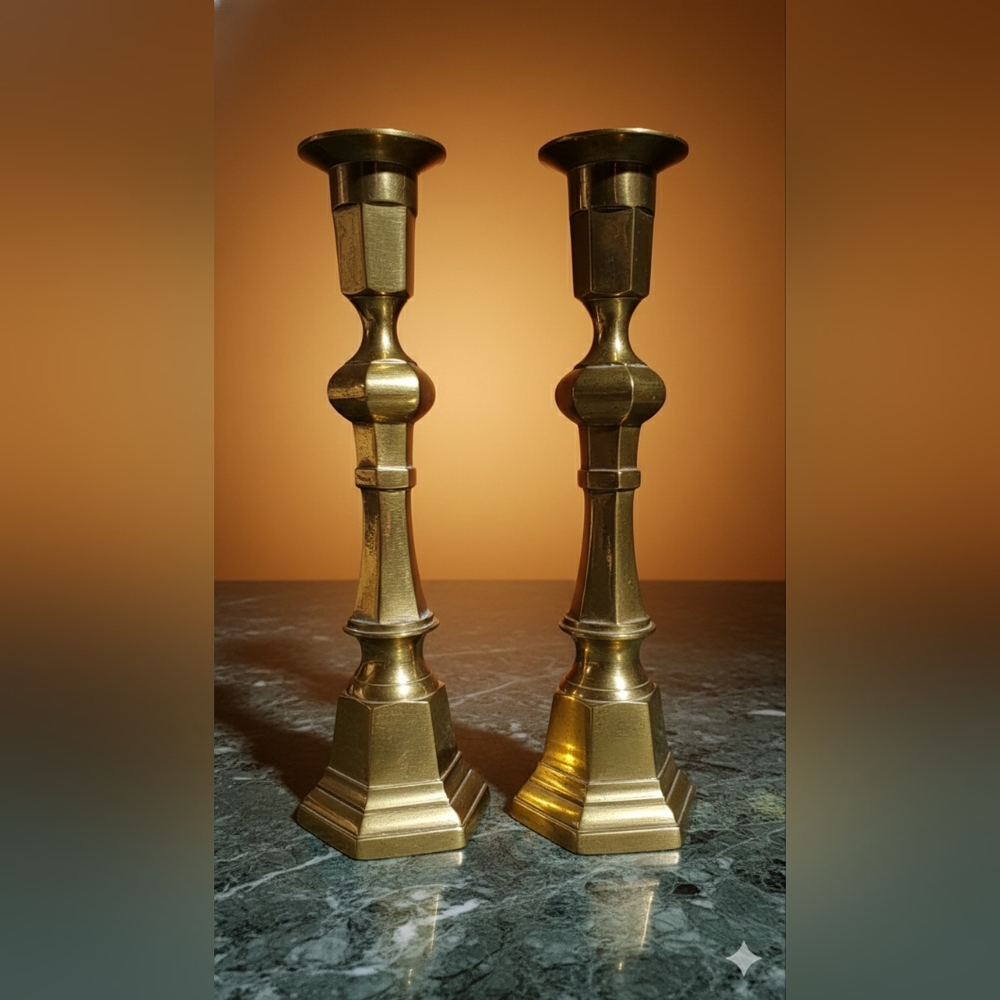 10" Vintage Solid Brass Candlesticks Pair Hexagonal Stepped Base #GentlyGems